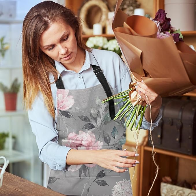 Britimes Apron with Pockets, 32x28 inch, for Women Men, Floral Grey | Pink Flower Leaves Waterproof Adjustable Bib Aprons for Kitchen Cooking Baking Painting Gardening - Image 6