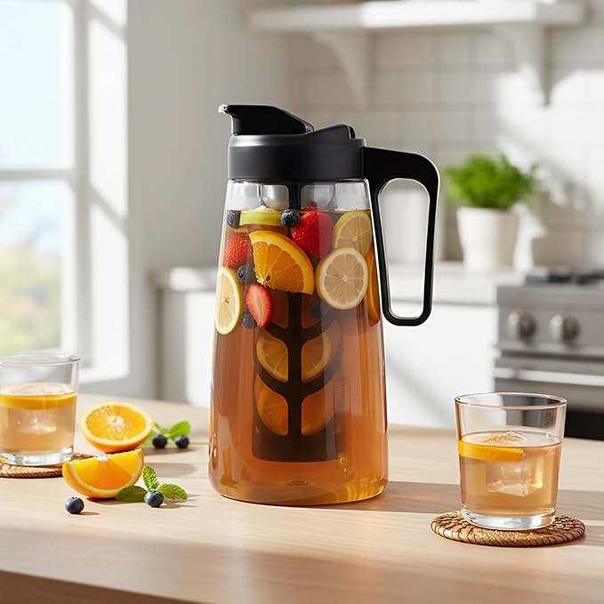 Sivaphe Large Ice Cold Coffee Maker 64 oz, Dishwasher Safty Traitan Carafe Pitcher Leak Proof, Iced Hot Coffee/Tea Brewer Method 2 Quart with Reusable Filter