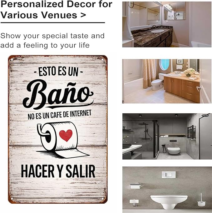 Funny Metal Signs Bathroom Decor- Vintage Wall Art "Esto Es Un Baño No Es Un Cafe De Internet" - for Home, Office, Restroom Decor 8X12inch