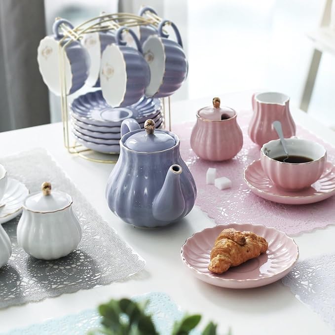 Sweejar Porcelain Tea Sets British Royal Series, 8 OZ Cups & Saucer Service for 6, with Teapot Sugar Bowl Cream Pitcher Teaspoons and Tea Strainer, Suitable for High Tea, Wedding, Party(Beige)