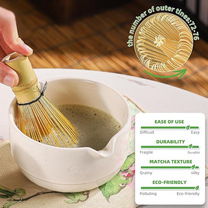 Matcha Set, 8-Piece Ceramic Matcha Bowl & Whisk Kit with Mushroom Pattern, Traditional Japanese Chawan, Bamboo Chasen, Scoop & Sifter, Gift for Tea Lovers, Zen Tea Ceremony Accessories (white)