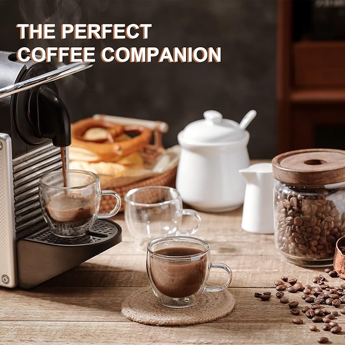 KitchenTour Insulated Coffee Mug 2.5 oz- Double Wall Glass Coffee Cup with Handle Set of 4 - Clear Glass Drinkware for Espresso,Cappuccino, Latte,Hot Beverages