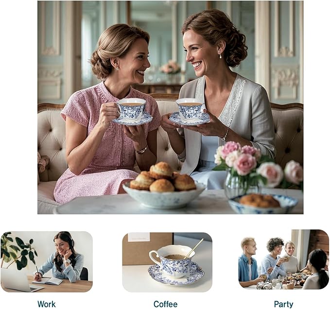 Vintage Floral Porcelain Tea Cup and Saucer Set with Spoon, Gold Trim, 6.4 oz – Set of 1, Blue – Tea & Espresso & Coffee Cups (1, China Flower)