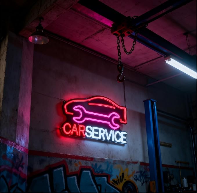 Car Service Neon Sign, Car Silhouette and Wrench Shapes Decorative Neon Light for Auto Shop Garage Workshop Man Cave Wall Table Automotive Themed Decor, USB Powered LED Light, 16.1 x 9.1 In - Image 7