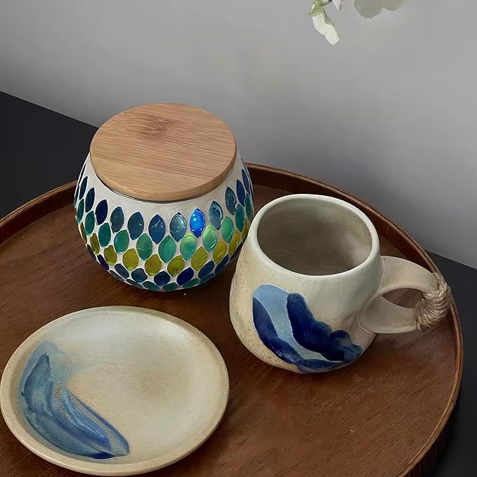 8oz Small Vintage Japanese Style Handmade Ceramic Tea Cup with Saucer , Lead-Free Cappuccino Mug, Artisanal Coffee Mug with saucer set,Handcrafted mug with handle, For Espresso, Latte ,(1, White)