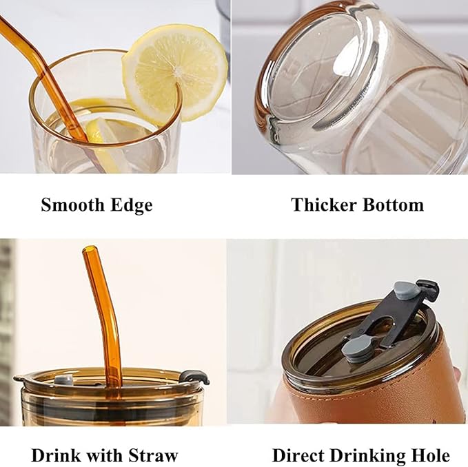 13oz/400ml Tumbler Water Glass, Cups with Straw and Lid Sealed Carry on for Coffee, Iced Tea, Thick Wall Insulated Glass Cup (Amberwith Protect Sleeve)