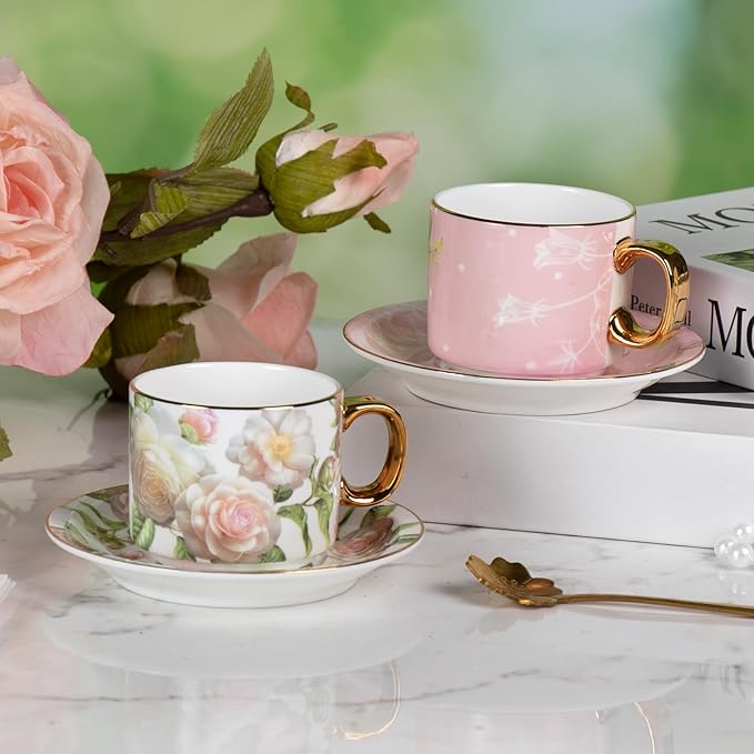 KAMMAK Tea Cups and Saucers Set of 2, Fine Bone China Coffee Cups, Stackable Espresso Mugs, Ceramic Demitasse for Coffee, Cappuccino, Latte, Americano, Tea, White Rose + Beauty Rose