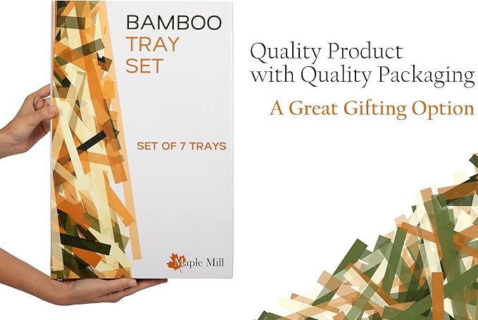 Wooden Tray with Handle - Set of 7 Bamboo Trays for Serving Food - for Breakfast in Bedroom, at Dinner or Coffee Table - Decorative Bamboo Tray