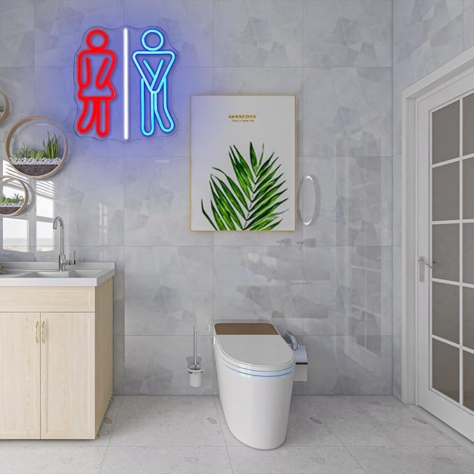 Restroom Neon Signs for Wall Decor Toilets Neon Light Dimmable Neon Bathroom Sign USB Power Red Blue Neon Light Up Sign for Bathroom Washroom Bedroom Bar Office