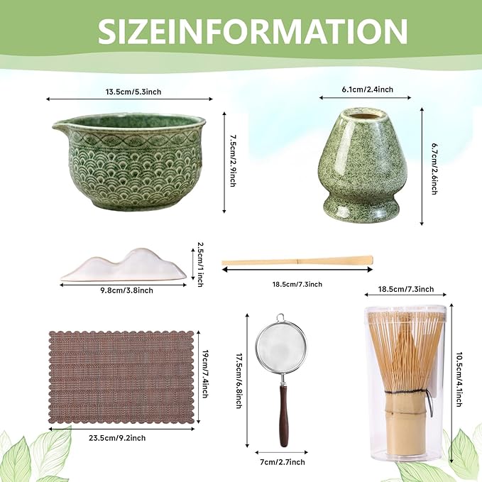 7 Pcs Matcha Whisk Set, Ceremony Matcha Kit with Matcha Bowl, Bamboo Whisk and Holder, Scoop and Scoop Rest, Sifter and Tea Towel, Gift for Matcha Lovers (Mottled Green/Wave-Patterned)