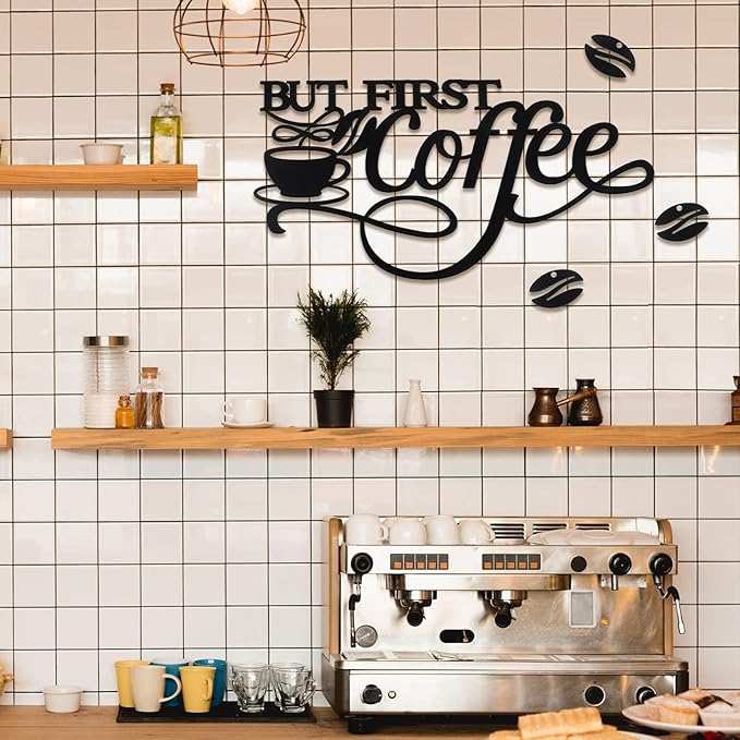 Ferraycle Coffee Bar Decor Metal Rustic Sign Hanging Wall Art for Home Office Kitchen (But First Coffee)