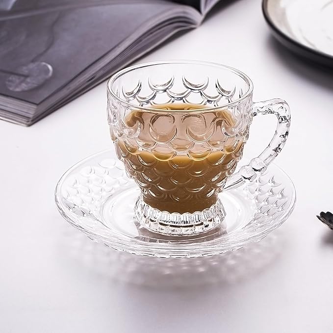 Glass Tea Cups and Saucers Set of 6 - Fish Scale Coffee Mugs - Teacups Set for Espresso Cappuccino Latte Tea - Dishwasher Microwave Safe (7OZ / 210ML)