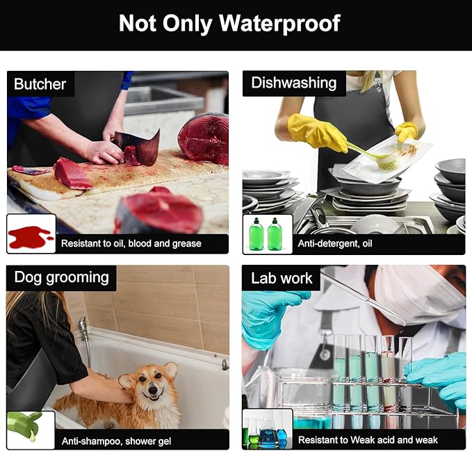 SHEOMERN 2 Pack Waterproof Rubber Apron, 48" XL Anti-Tear Heavy Duty Vinyl Adjustable Thicker Cross Back for Restaurant Dishwashing, Butcher, Lab Work, Dog Grooming - Black