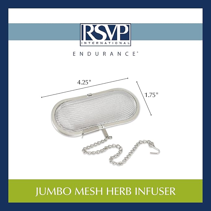 RSVP International Endurance Kitchen Collection Stainless Steel Mesh Floating Spice Infuser for Soups, Stews or Large Tea Pot, Jumbo Oval, 4.25x1.75"
