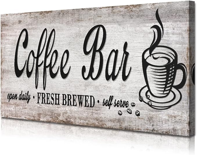 Rustic Wood Grain Coffee Station Decor - Retro Coffee Bar Signs for Kitchen - Self Serve Fresh Brewed Open Daily, Large Farmhouse Wall Hanging Plaque 12"x36"