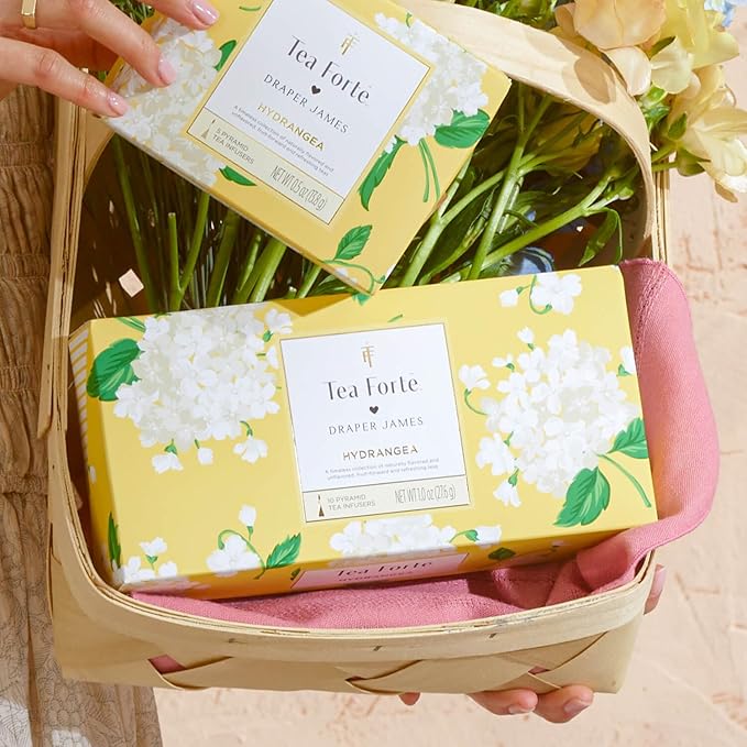Tea Forte Premium Petite Presentation Box Gift Set Sampler, 10 Count, 2 of Each Blend Individually Wrapped Handcrafted Pyramid Infuser Bags, Hydrangea