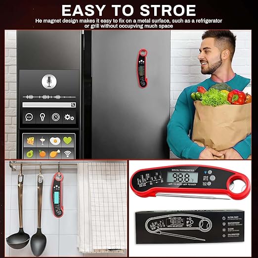 Digital Instant Read Food Thermometer with Backlight, LCD Display, Calibration Function, Built-in Bottle Opener for Grilling, BBQ, Turkey, Candy, Liquid Temperature Measurement, Red