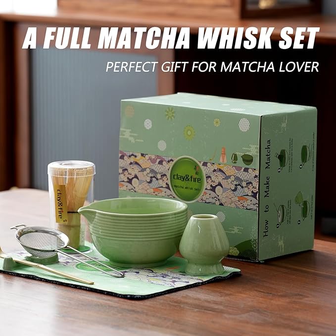 Clay&Fire Matcha Whisk Set, Ceramic Matcha Set, Matcha Bowl with Spout and Whisk, 9 pcs Matcha Tea Kit for Matcha Lovers, Ideal Gift Christmas, Birthday (Green)
