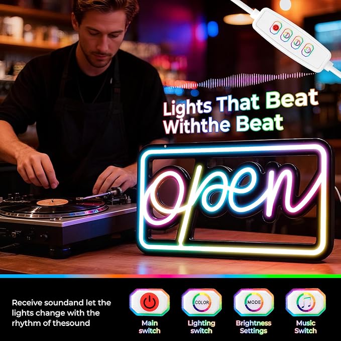 Led Open Sign for Business,Colorful and High Brightness LED And Remote Control, Applicable to Walls Window Bar Shop Hotel, Coffee Salons, etc. (5V USB Power Supply/16.2 * 7.7 inches)