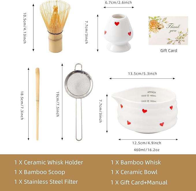 5pcs Premium Matcha Set,Ceramic Bowl with Spout and Bamboo Whisk set, Hearts Matcha Kit for breakfast/latte,Tea Starter Making Kit,Valentine Matcha Gift set (love)