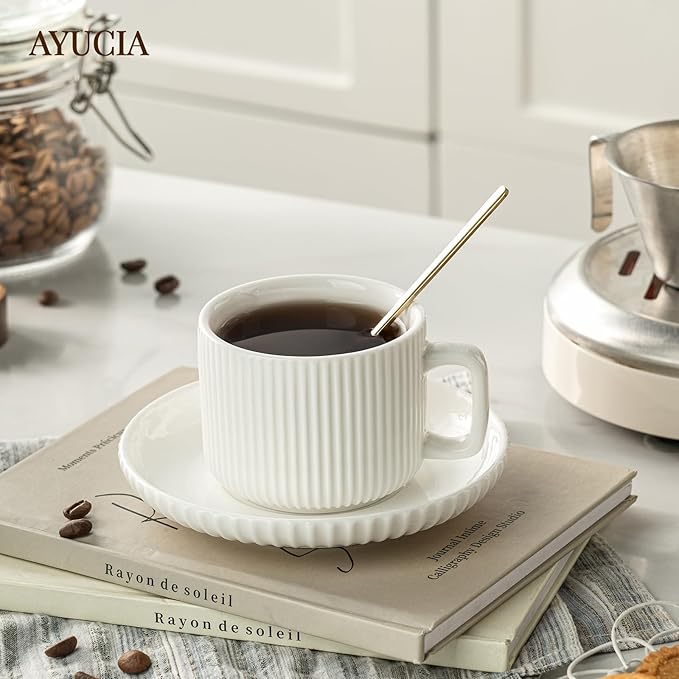 5 Ounce Espresso Cups Set of 4, Small Coffee Cups with Saucers and Spoons, White Cream Ceramic Demitasse Espresso Mugs