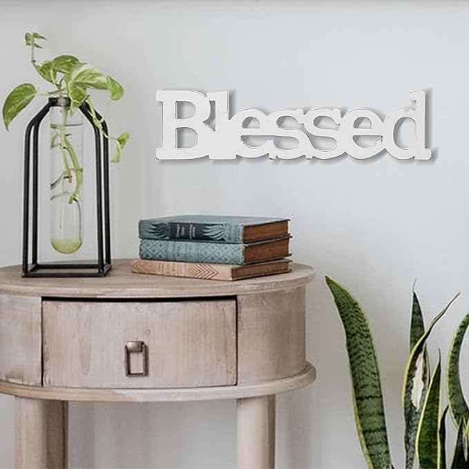 Farmhouse Wood Blessed Sign for Table 15", Hanging Distressed White Wall Decoration, Rustic Blessed Signs for Home Decor, Thanksgiving Christmas Signs Decor for Living Room
