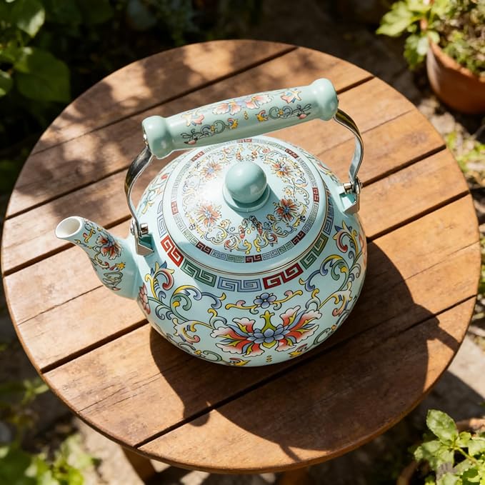 2.6 Quart Floral Enamel Tea Kettle, Vintage Enameled Teapot Stovetop, Enamel on Steel Water Coffee Tea Pot with Ceramic Handle, Colorful Hot Water Kettle for Home Kitchen Decor, No Whistling