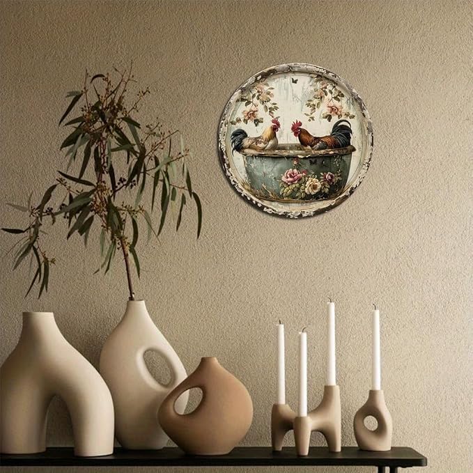 1pc Vintage Round Bathroom Aluminum Metal Decor Sign, 8x8 Inch, Chicken Themed Wreath, Use Without Electricity, No Feathers, with for Home, Living Room Wall Decoration - Image 5