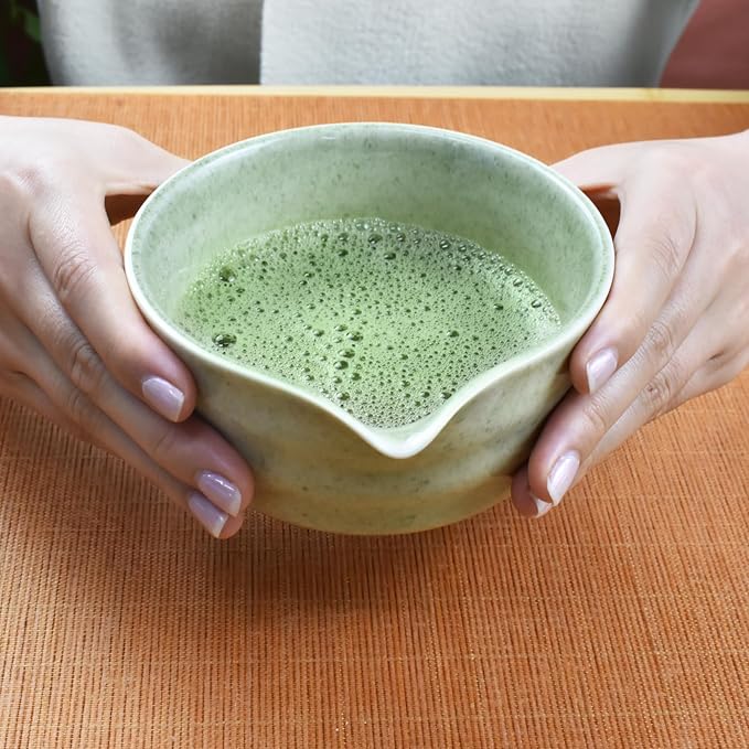 Artcome 4-Piece Matcha Tea Set - Complete Japanese Ceremony Kit with Bowl, Whisk, Whisk Holder, Scoop & Guide, Mottled Light Green