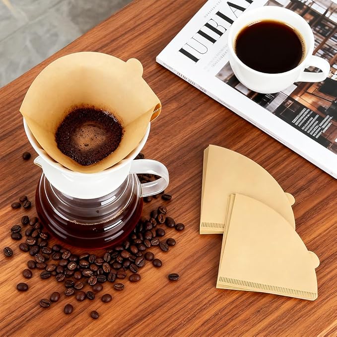YQL 400 Count Coffee Filters, Size 02 Natural Brown Cone Filter Paper Compatible with Drip Makers and Pour Over Brewers, V-Shaped Unbleached Disposable Filters, Clean Taste & Strong Design