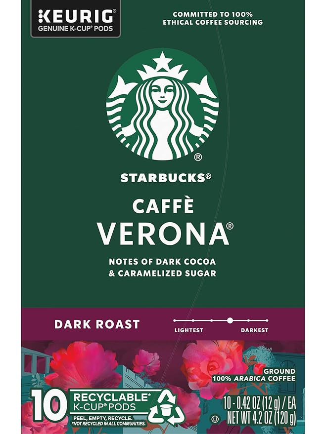Starbucks Caffe Verona Coffee K-Cup Pods, Dark Roast Arabica Coffee, 20 Count (Pack of 2 Boxes)