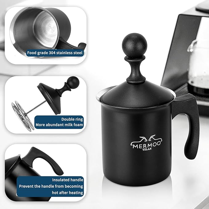 Milk Frother 14oz (400ml) Non electric,Easy to Clean, Can Warm Milk Directly, Also for cold milk, Make Creamer Milk, For Latte, Cappuccinos, Perfect for Camping, Travel, Home (Black)