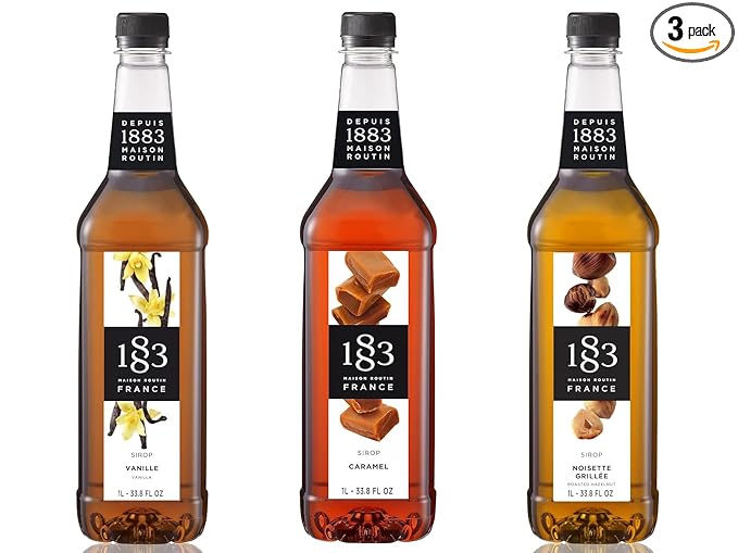 1883 Vanilla, Caramel, Roasted Hazelnut Syrups (Coffeehouse Favorites) for Coffee & Drinks – 1 Liter Plastic Bottles (Pack of 3)