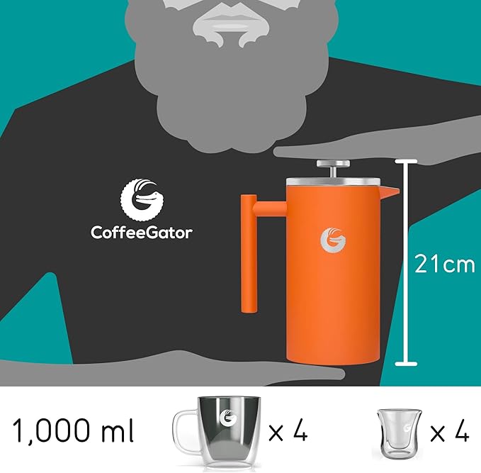 Coffee Gator French Press Coffee Maker 34oz, Double Insulated Stainless Steel Brewer plus Travel Jar Canister, Portable Hot Cold Brew Tea for Coffee Bar Accessories Kitchen Camping, Orange