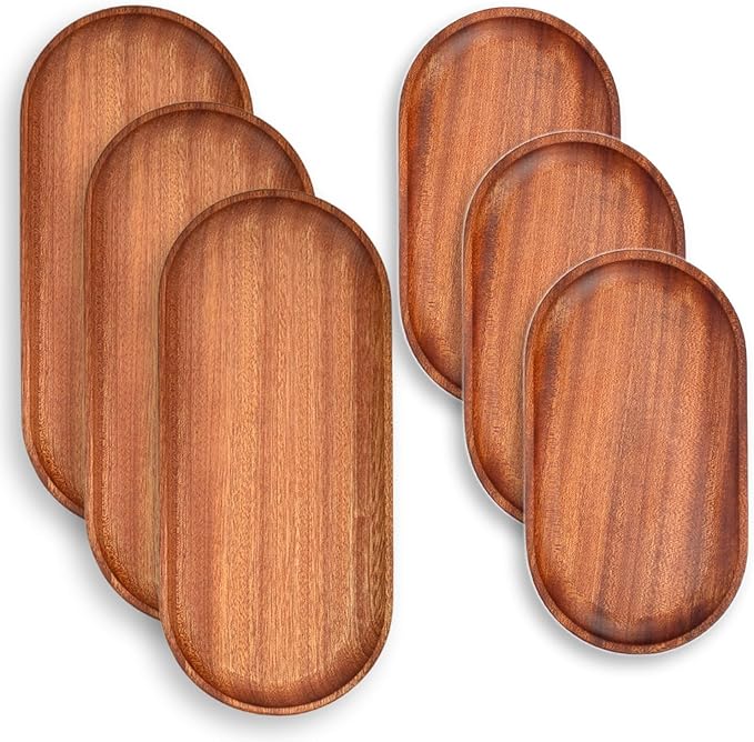 6 Pack Solid Wood Serving Platters and Trays of Natural Wood with Edge,Rectangular Avoid Sliding and Spilling Food (Walnut Trays x 6Pack)