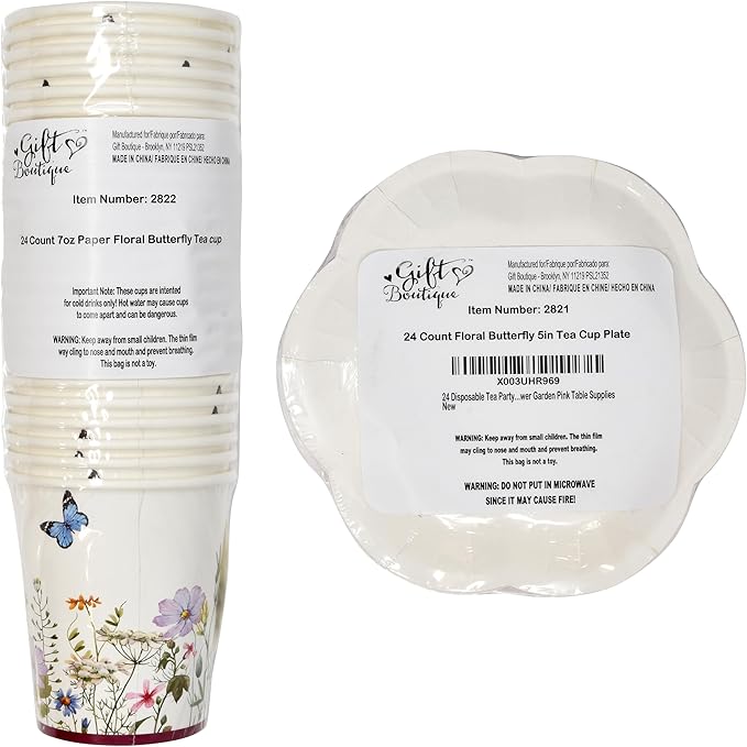 Gift Boutique 24 Tea Party Cups Disposable 5 Oz 24 Saucers Paper Plate Floral Wildflower Butterfly Teacup Set with Handles for Kids Girls Birthday