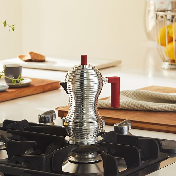 Alessi MDL02/1 R "Pulcina" Stove Top Espresso 1 Cup Coffee Maker in Aluminum Casting Handle And Knob in Pa, Red