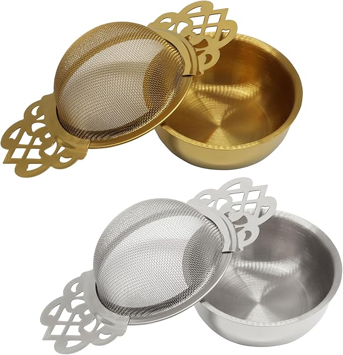 2 Pcs Tea Strainer Bowl, Stainless Steel Loose Leaf Tea Filter for Easy Brewing and Cleaning, Design Fits Most Standard Cups (Gold, Silver)