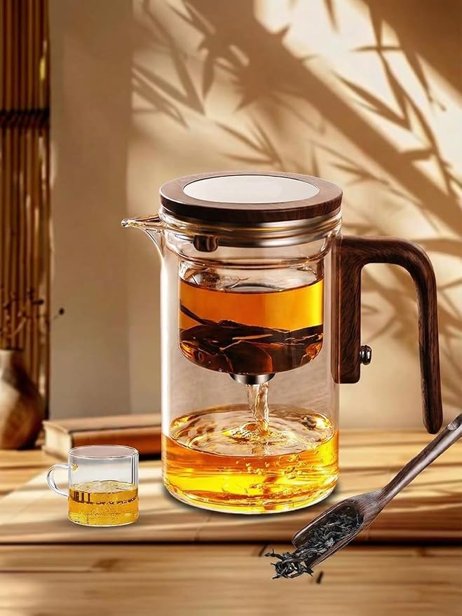 Tea Pot, Water Separation Glass Teapot with Wooden Handle, Magical Teapot, Glass Tea pot with Infuser Strainer, Magic Tea Pot (600ml)
