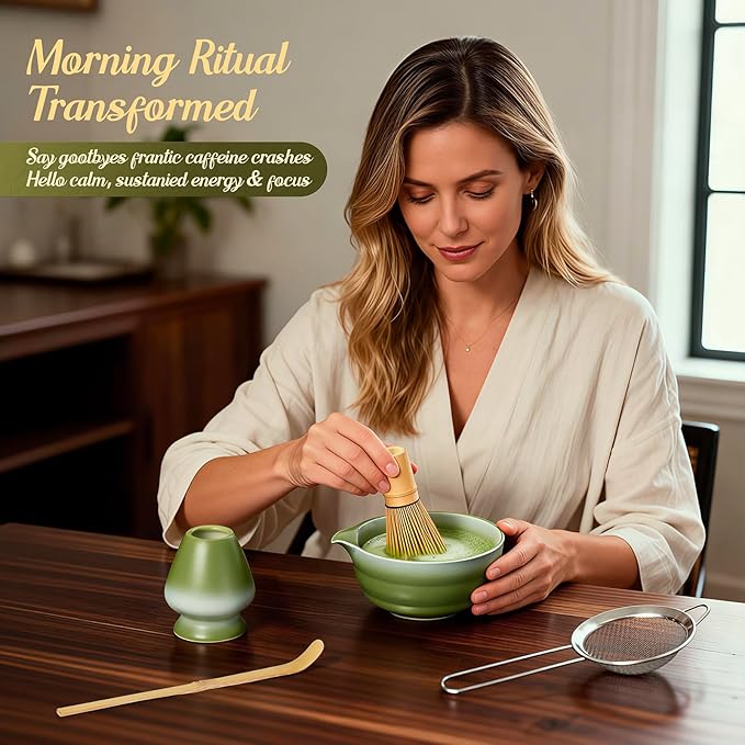 5 Pcs Gradient Green Matcha Set - Ceramic Bowl, Bamboo Chasen, Holder, Scoop & Sifter for Tea Ceremony Enthusiasts, Matcha Whisk Set for Tea Lovers