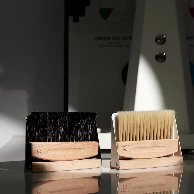 Small Coffee Brush and Dustpan Set - Magnetic Hand Solid Wood Soft Bristles, Barista Cleaning Tool for Espresso Machine, Coffee Grinder, Home Kitchen Countertop, Silver