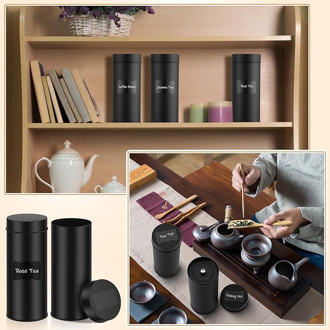 Tanlade 6 Pcs Tea Tin Canister 23oz Metal Round Cans with Airtight Lid Double Sealed Loose Leaf Tea Storage Containers with 1 Erasable Chalk Marker and 16 Stickers for Coffee Sugar Spices