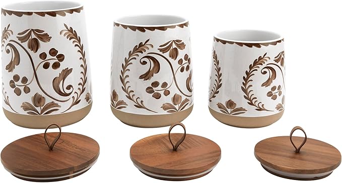 TTU Tabletops Gallery Ceramic Canister Collection- Stoneware Designed Kitchen Storage Acacia Wood White Set, 3 Piece Botanical Brown Canister Set