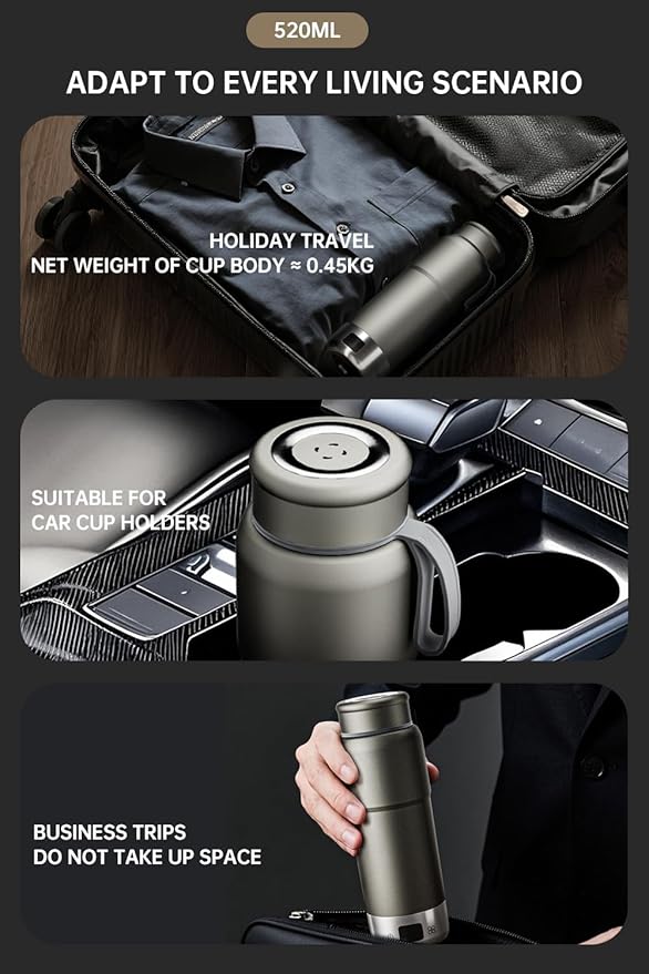 Pure Titanium Travel Kettle, 520ML Portable Electric Kettle, 12 Temp Presets, Dual Voltage 100-240V, Temp Control, Fast Boil, BPA-Free, Leak-Proof for Tea, Coffee, Baby Formula, Office & Hotel (Gray)