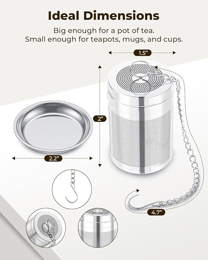 Tea Infusers for Loose Leaf Tea, Extra Fine Mesh Tea Strainer, Updated Slim Threaded Lid 304 Stainless Steel Tea Steeper with Drip Tray for Tea, Spices & Seasonings
