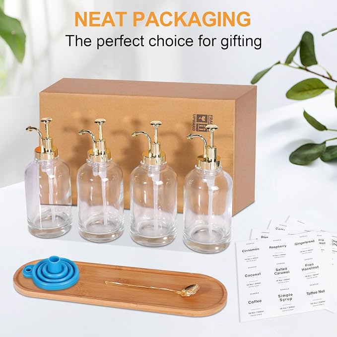 Coffee Syrup Dispenser for Coffee Bar, 16.9oz 500ml Glass Syrup Dispenser w Golden Coffee Scoop, Coffee Syrup Pump Dispenser w 36 Labels and Bamboo Tray, Coffee Syrup Bottles with Golden Pump, 4PCS - Image 7