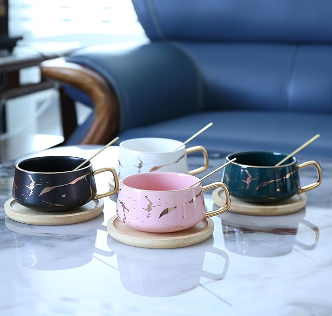 YBK Tech Porcelain Tea Cup Coffee Mug Set for Afternoon Tea - Marble Pattern (Green, Short 300ml + wood saucer)