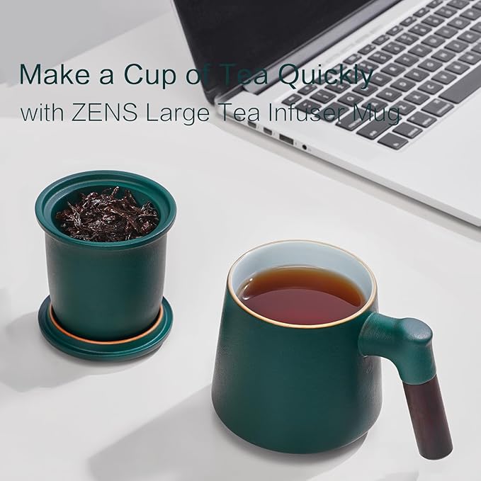 ZENS Tea Cup with Infuser and Lid, 11 oz Ceramic Steeper Mug for Loose Leaf Tea Lovers Gifts, Wood Handle Tea Strainers Green