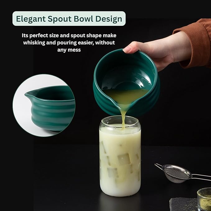 7PCS Ceramic Matcha Set – Traditional Japanese Tea Kit for Matcha Preparation with Pouring Bowl, Bamboo Whisk & Stand, Scoop with Rest, Sifter and Tea Cloth – Ideal for Matcha Lover