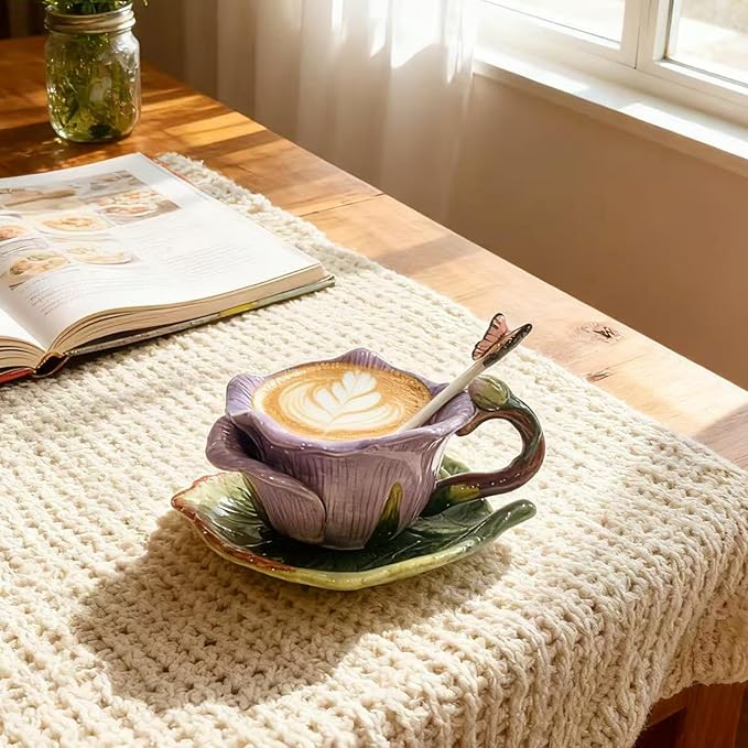 Ceramic Tea Cup and Saucer Set ,6OZ 3D Hand-Painted Flower and Lotus Leaf Coffee Mug,Gift for Women- Pinkish Purple Rose